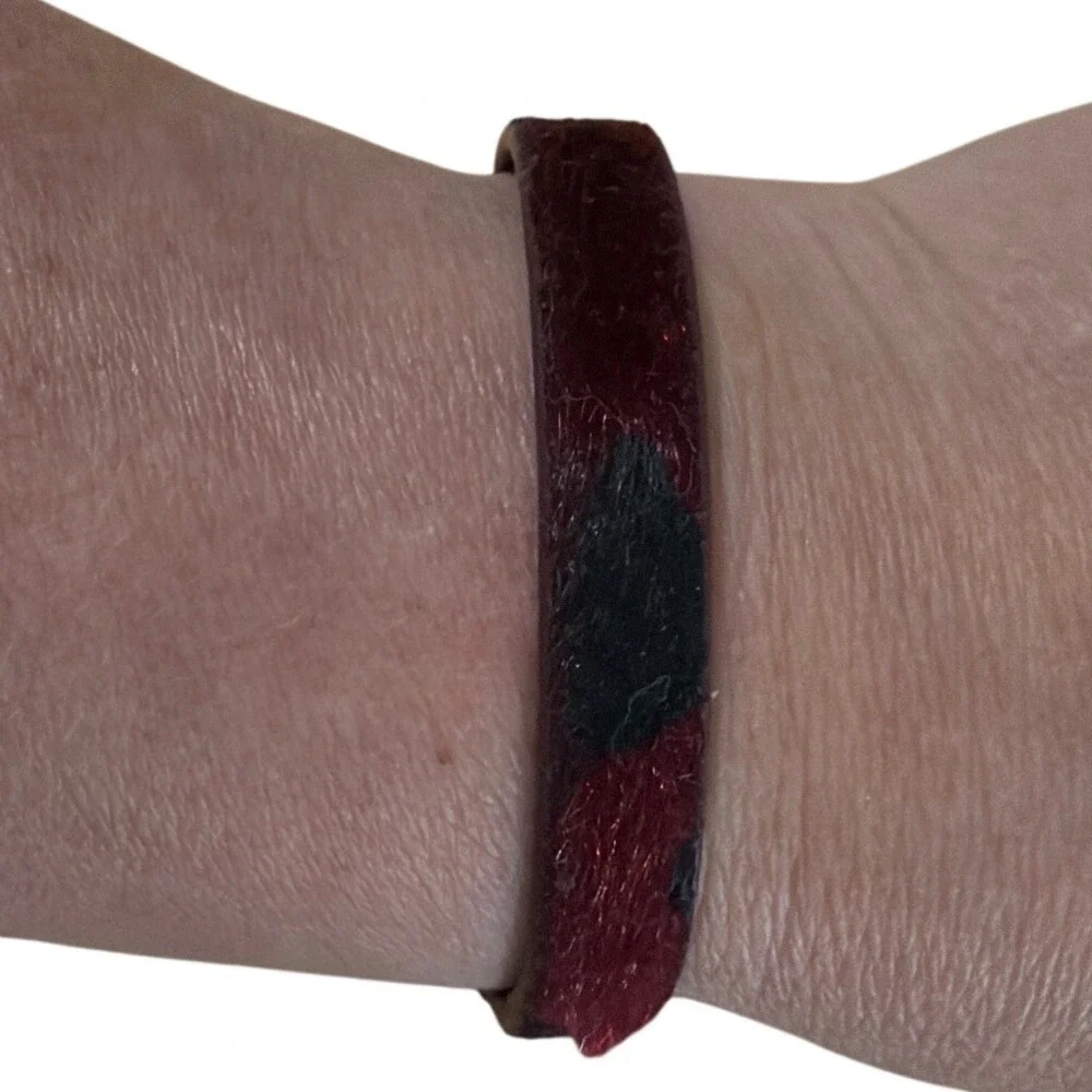 Burgundy Calf Hair Animal Print‎ Leather Snap Cuff Bracelet